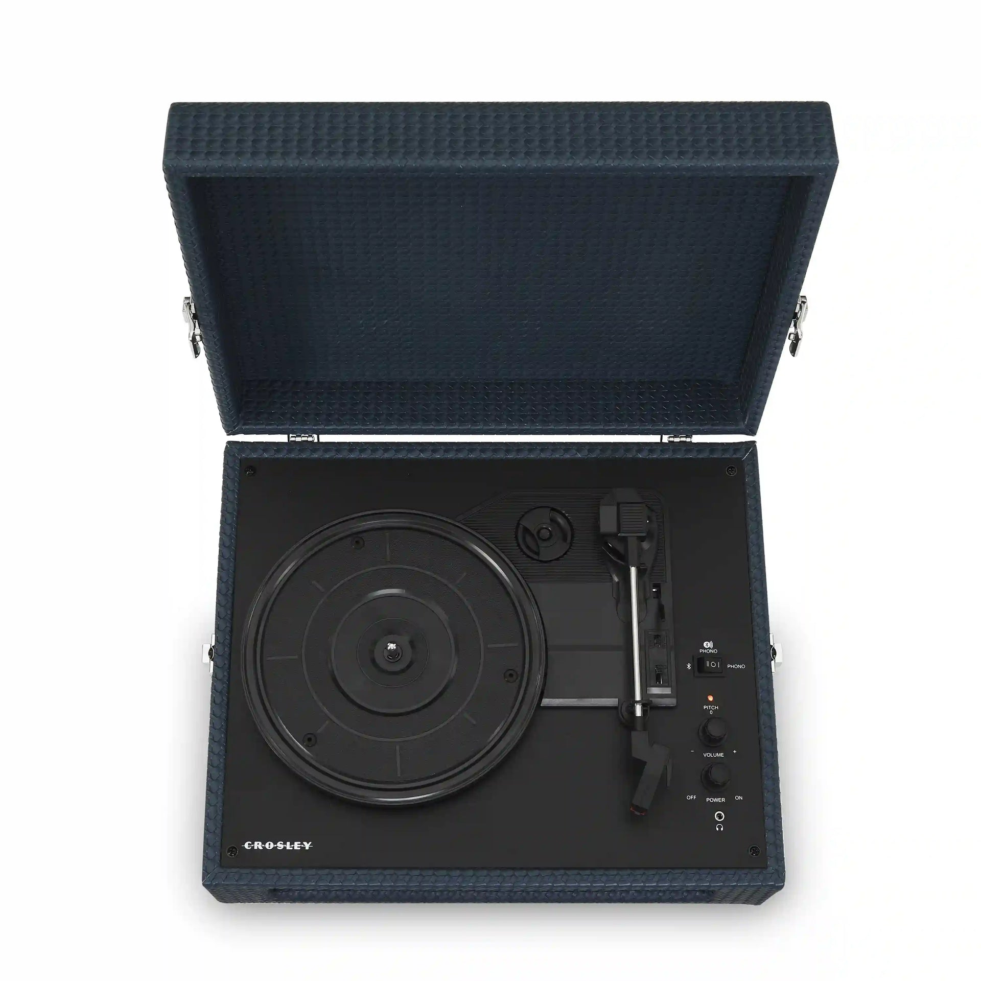 Crosley Voyager navy Bluetooth record player viewed from above