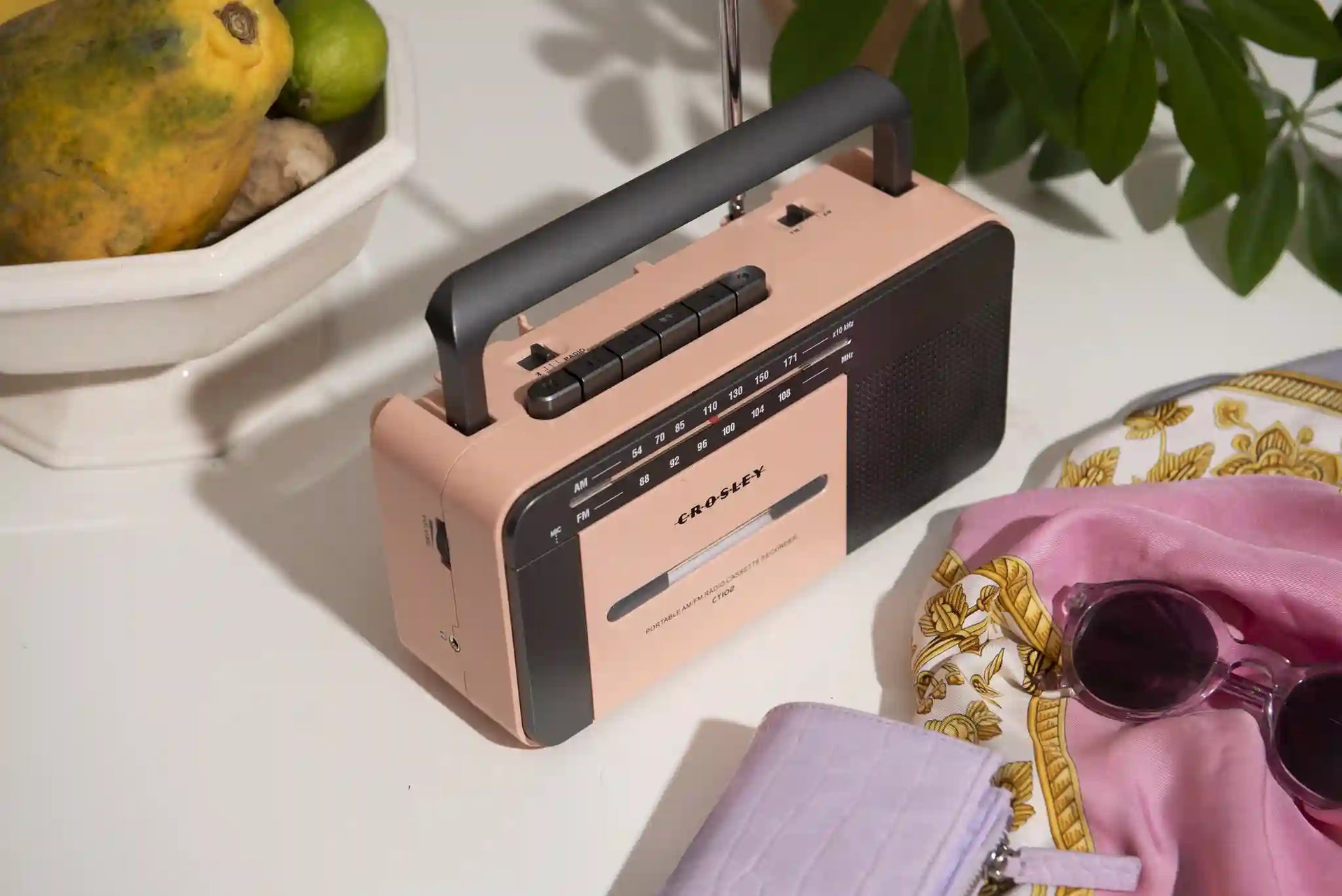 Crosley CT102 cassette player in rose gold and grey, front view
