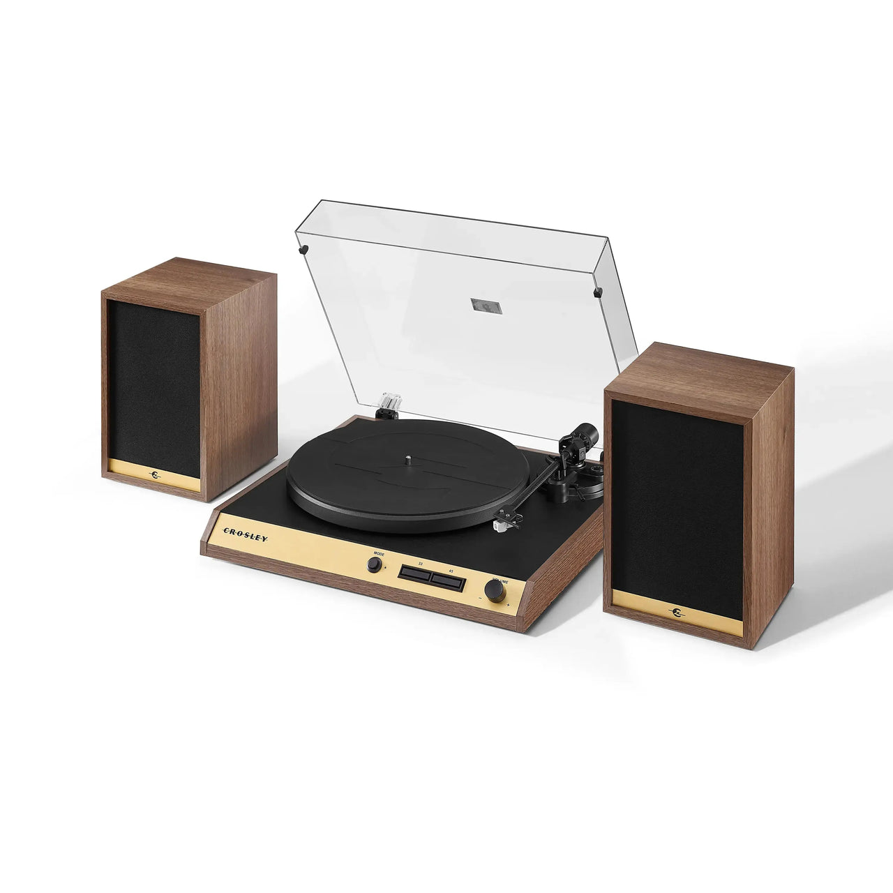 Crosley C72 walnut record player with built-in speakers, front view