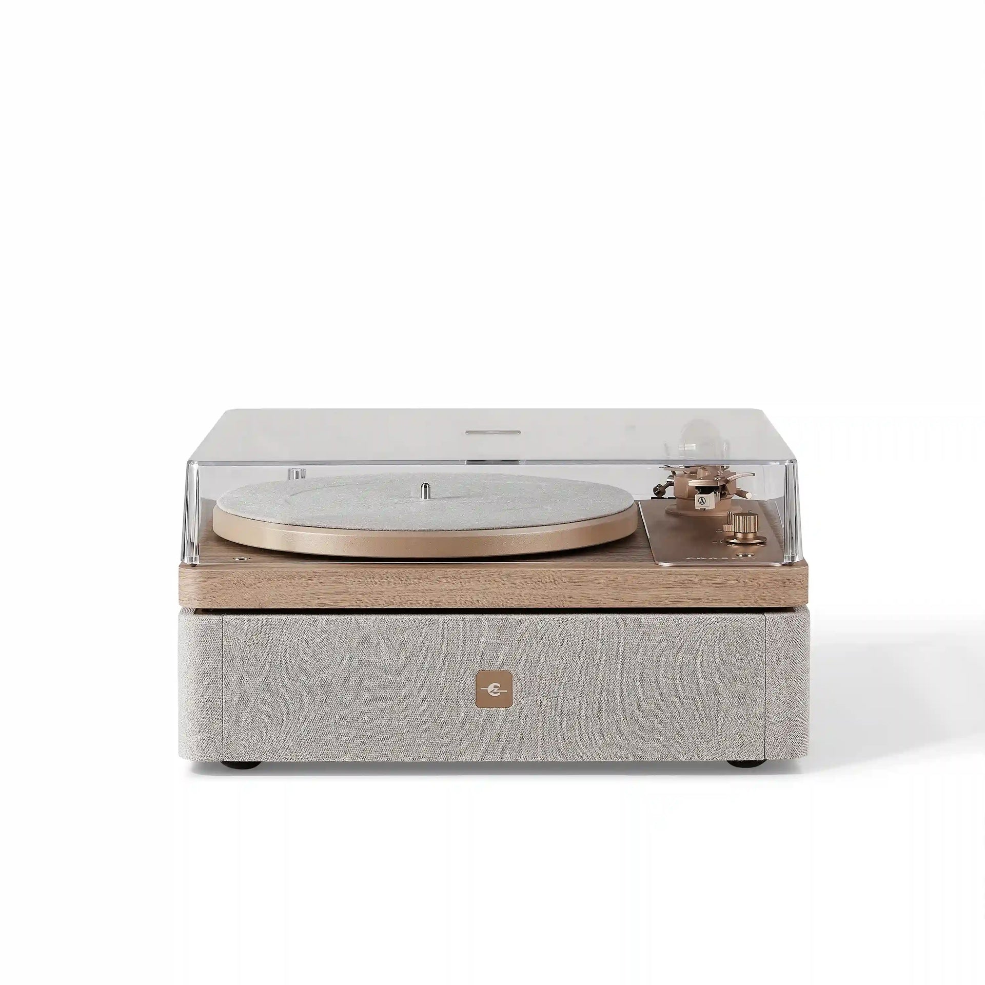Crosley E100 record player in natural light grey, front view