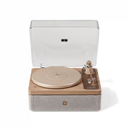 Crosley E100 record player in natural light grey, front view