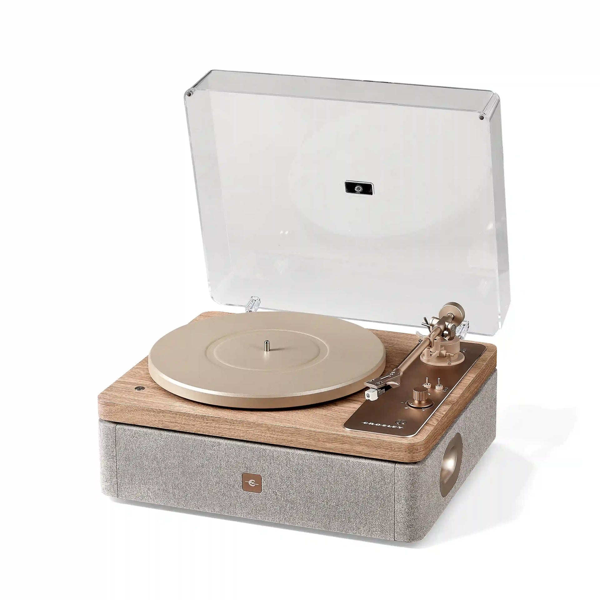 Crosley E100 Record Player in natural light grey, front view