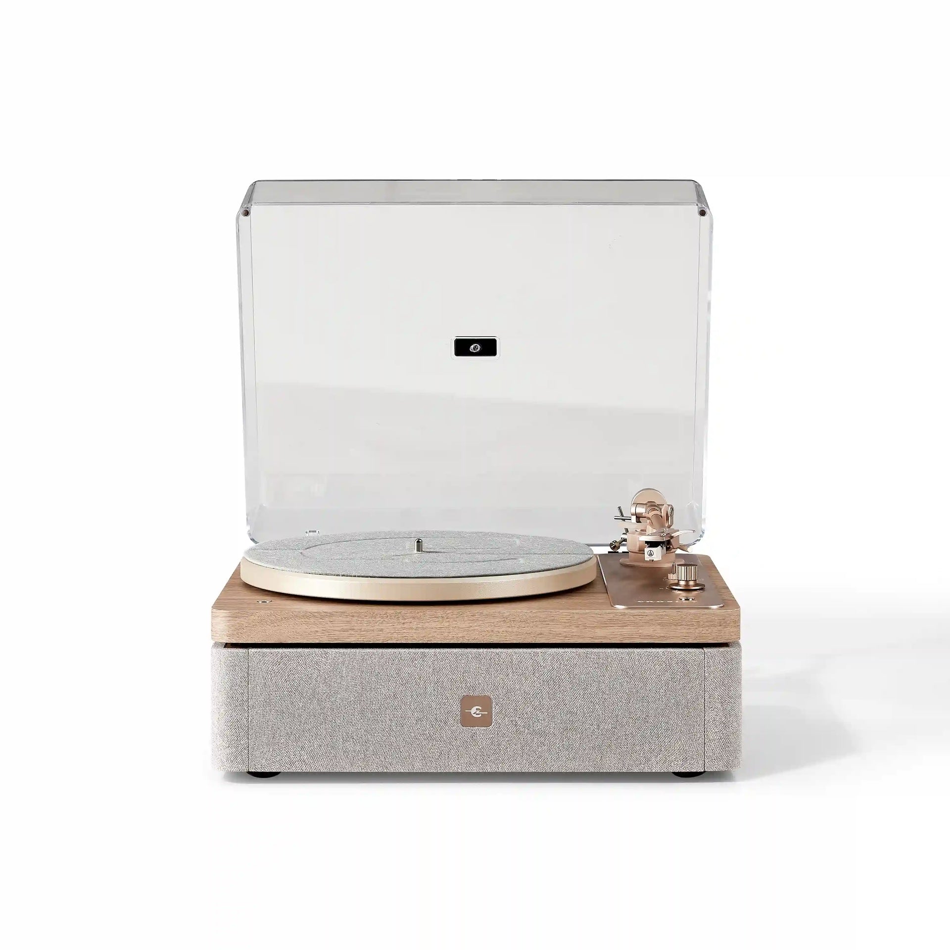 Crosley E100 record player in natural light grey, front view