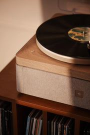 Crosley E100 record player in natural light grey, detail