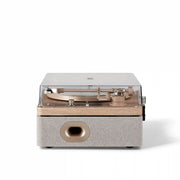 Crosley E100 record player in natural light grey, shown from the side view