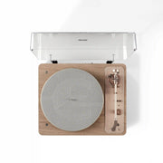 Crosley E100 record player in natural light grey, top view showing turntable and controls